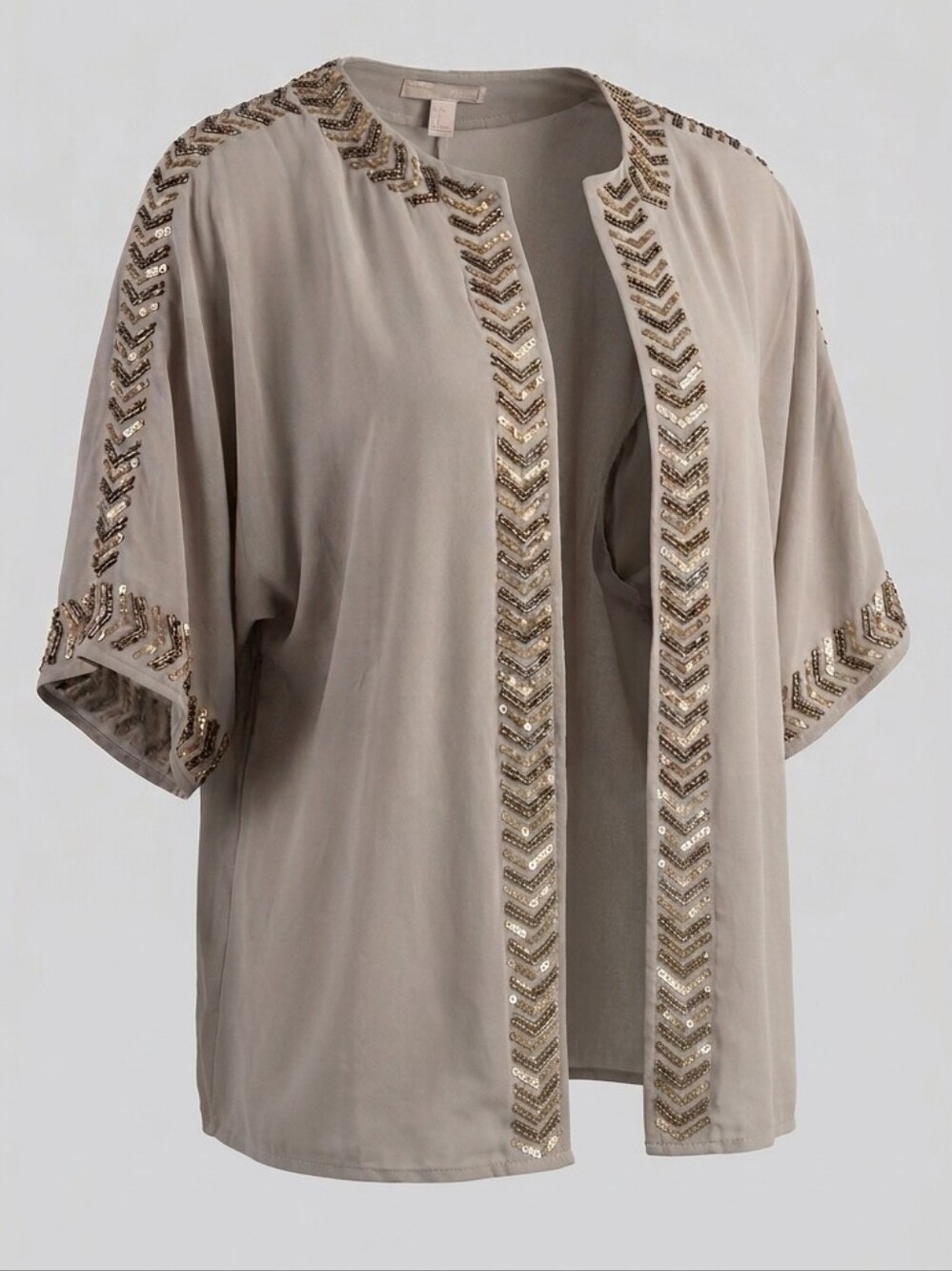 Forever 21 Boho Taupe Chevron Beaded Trim Open Front 3/4 Sleeve Kimono Jacket L